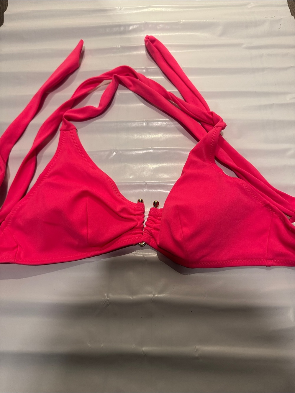 Hot Pink Halter Bikini Top with Gold Accent Hardware